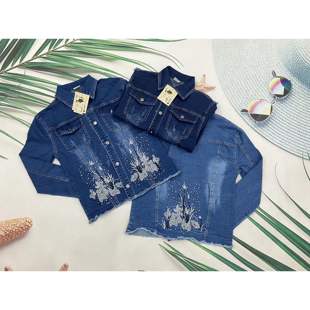 Áo khoác jean nữ hàng co giãn thêu hoa lá tua lai gợn sóng