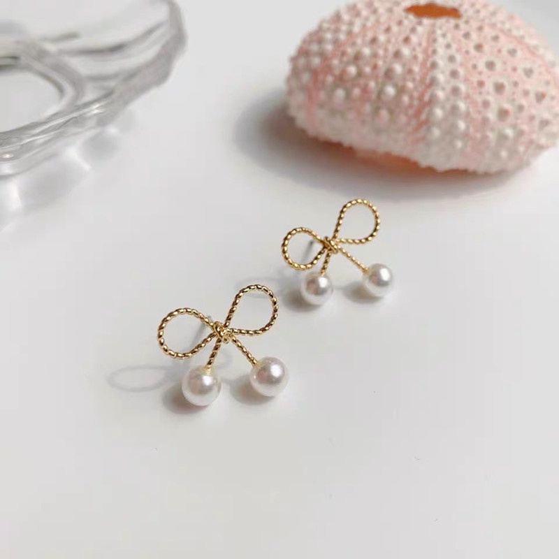 Bông Tai Mạ Bạc 925 Hình Nơ Đính Ngọc Trai Dễ Thương Phong Cách Hàn Quốc