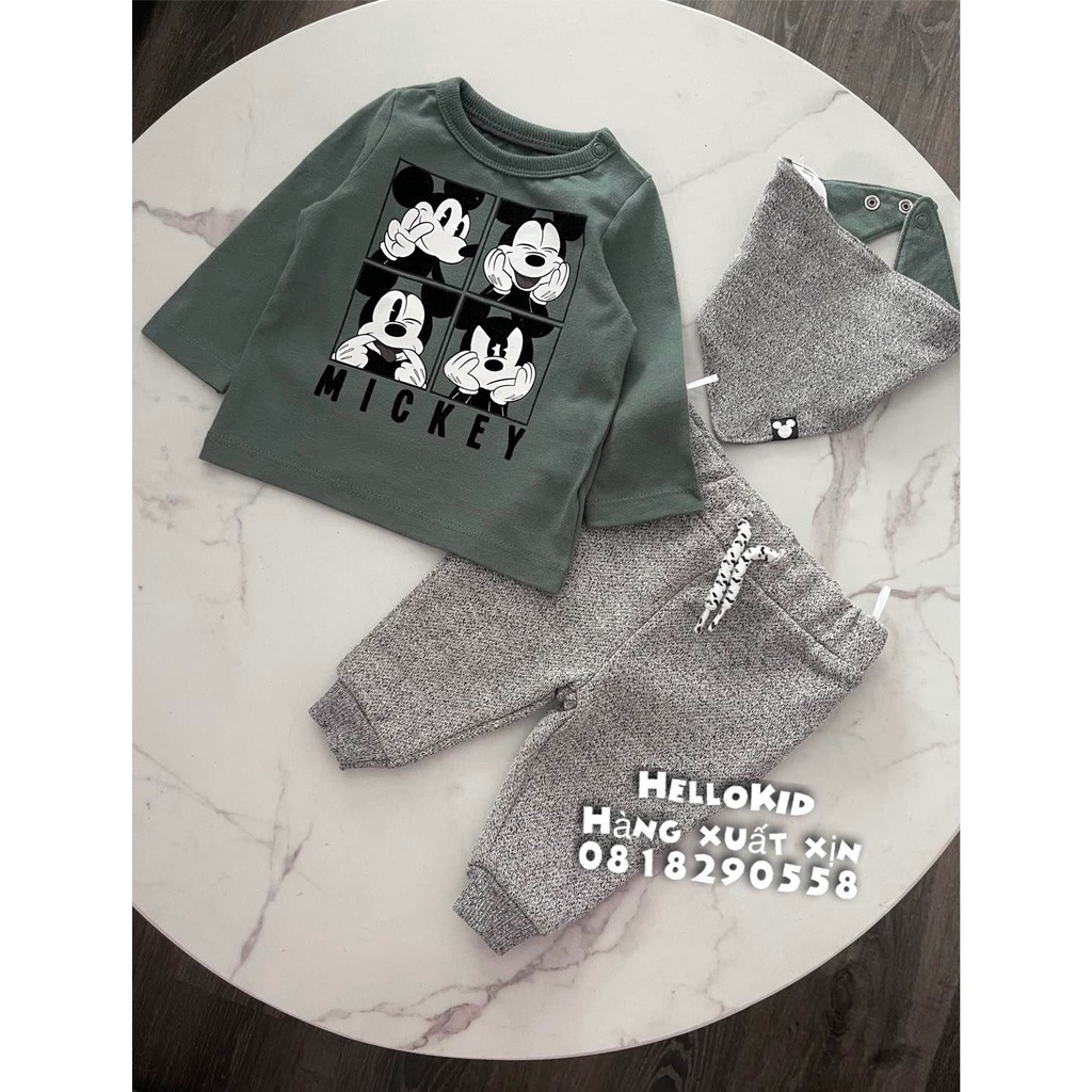 B419 - Bộ 3 chi tiết áo mickey xanh kèm quần muối tiêu bé trai ( tặng kèm khăn)