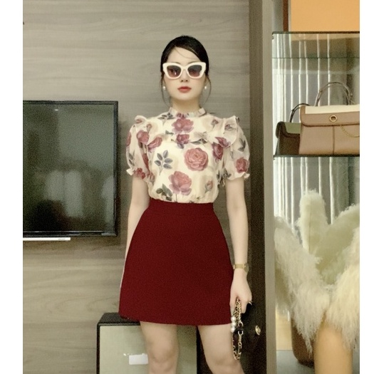 Áo sơ mi nữ ngắn tay cổ bèo họa tiết hoa hồng ZYM'S HOUSE K1226