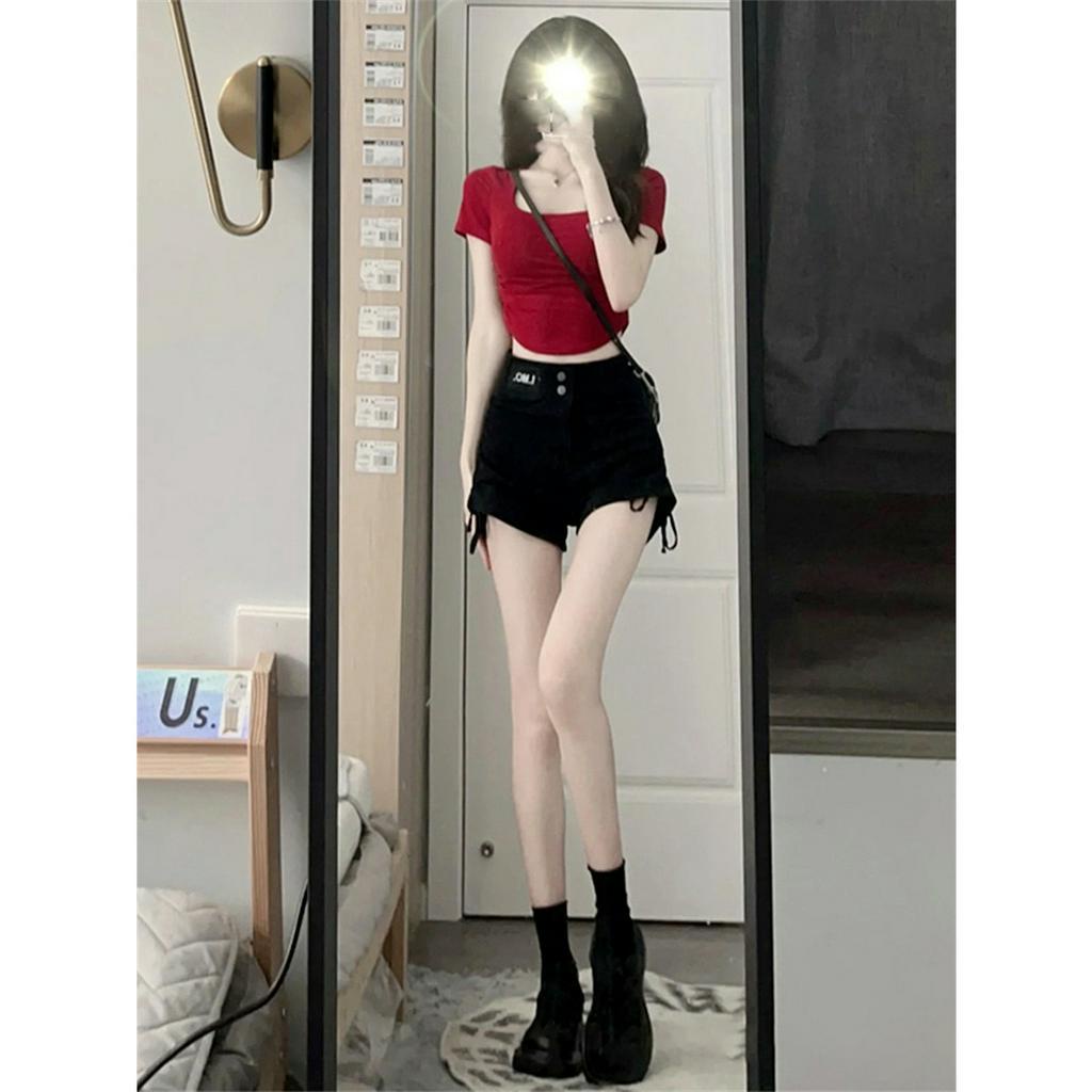 Cocory vn Quần Short Jeans Đen Lưng Cao Dáng Chữ A Gợi Cảm Cho Nữ