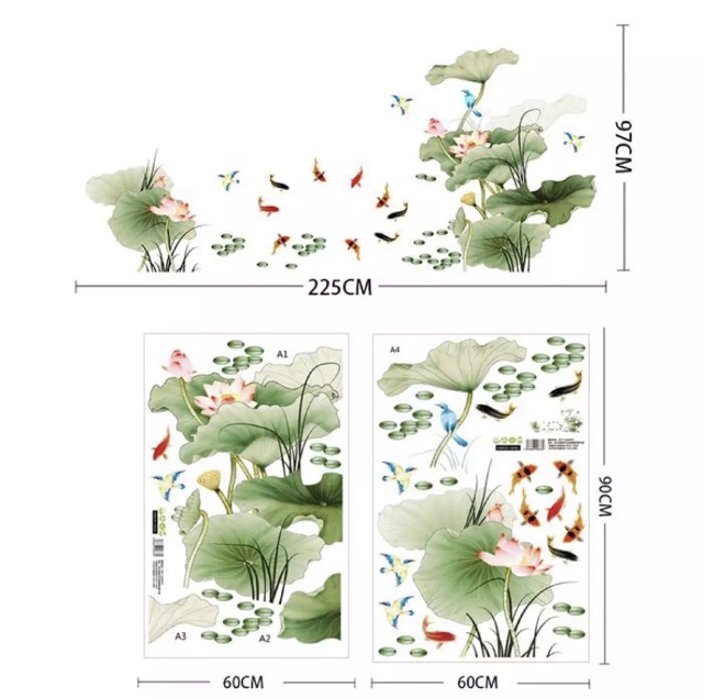 Decal dán tường hoạ tiết cá chép trong hồ sen