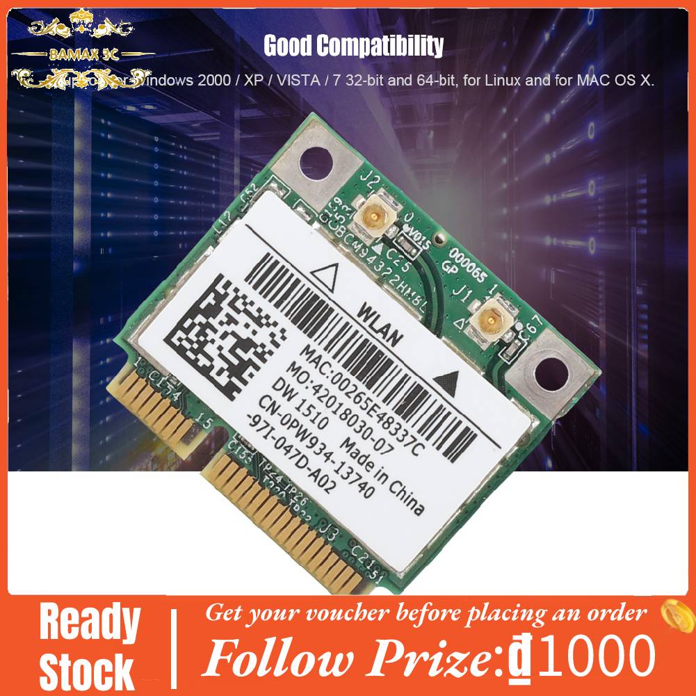 Card Mạng Không Dây Bamaxis 2.4g/5ghz Bcm94322Hm8L Dw1510 300mbps Mini Pci-E Cho Máy Laptop