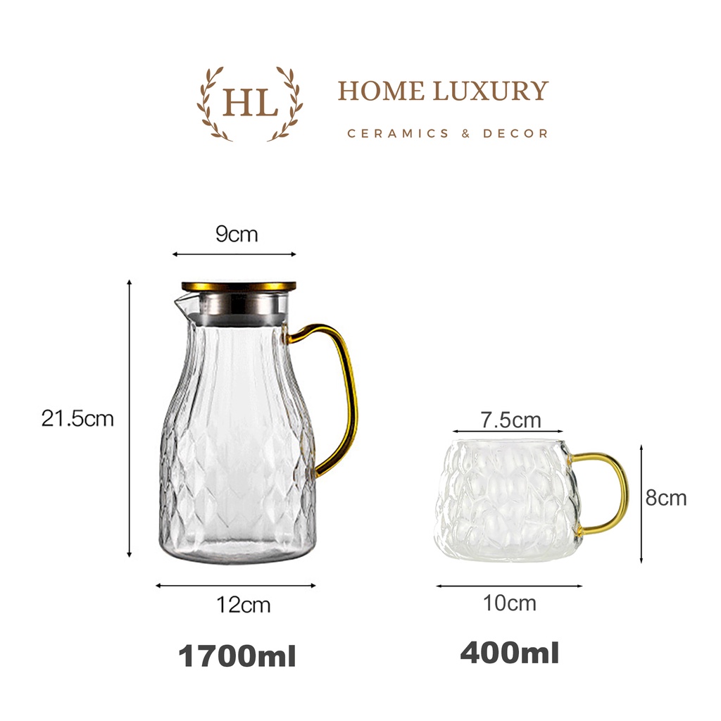 BỘ BÌNH CỐC THỦY TINH VÂN SÒ | BỘ LY CHỊU NHIỆT DECOR DẬP NỔI VÂN QUẢ NA | Thủy tinh boroslicate đun trực tiếp 2023