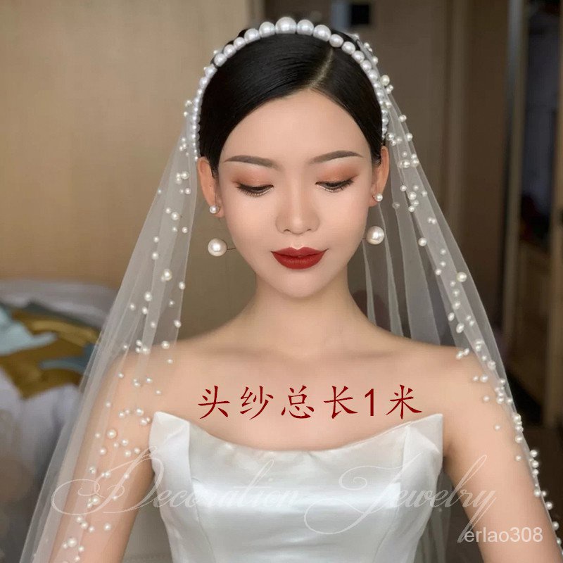 Mạng che mặt cô dâu đính ngọc trai phong cách Hàn Quốc