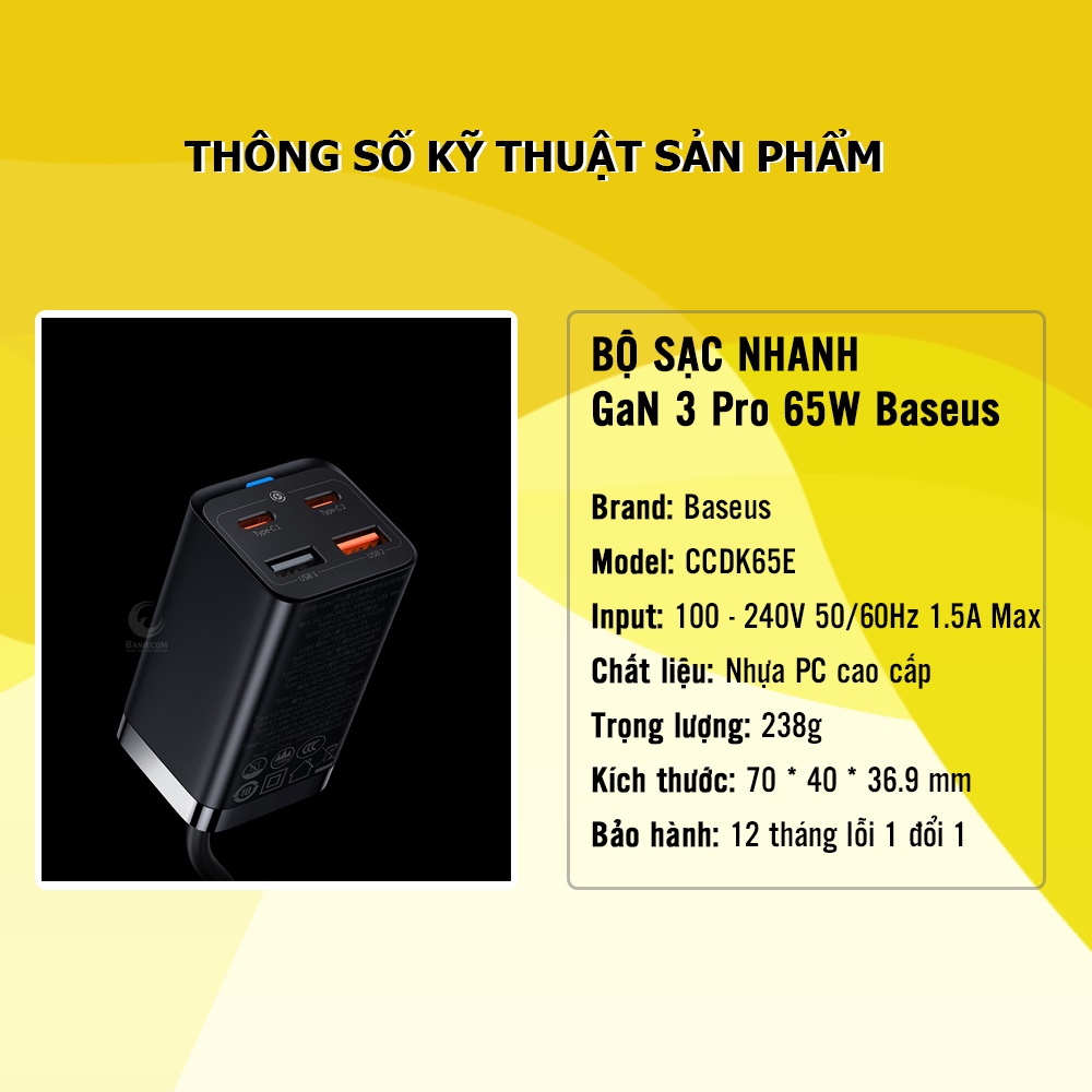 Bộ sạc nhanh 65W Bas.eus, GaN3 Pro 65W 4 cổng dây nguồn 1.5m sạc nhanh laptop/smartphone/tablet - 12 tháng BẢO HÀNH