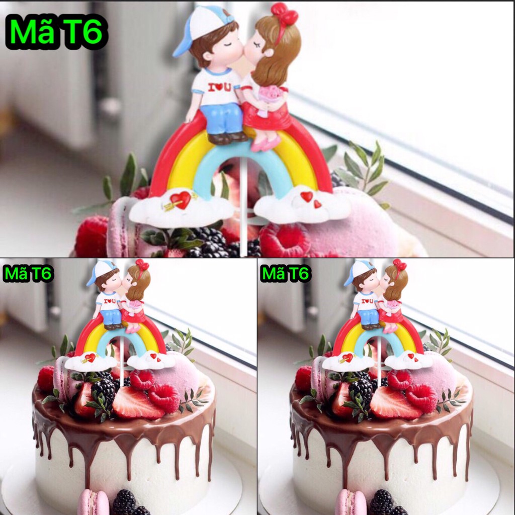 Phụ Kiện Trang Trí Bánh Sinh Nhật Bánh Kem - SET 10 THẺ CẮM GIẤY CẶP ĐÔI NGỒI CẦU VỒNG mẫu T6