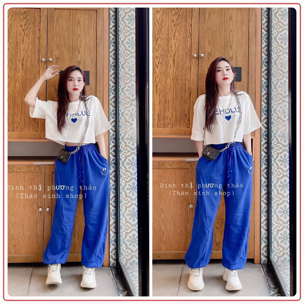 Set Quần Thụng Mặt Cười 💖FREESHIP💖 Set Áo Croptop Mix Quần Bom Thụng Cực Xinh AD43