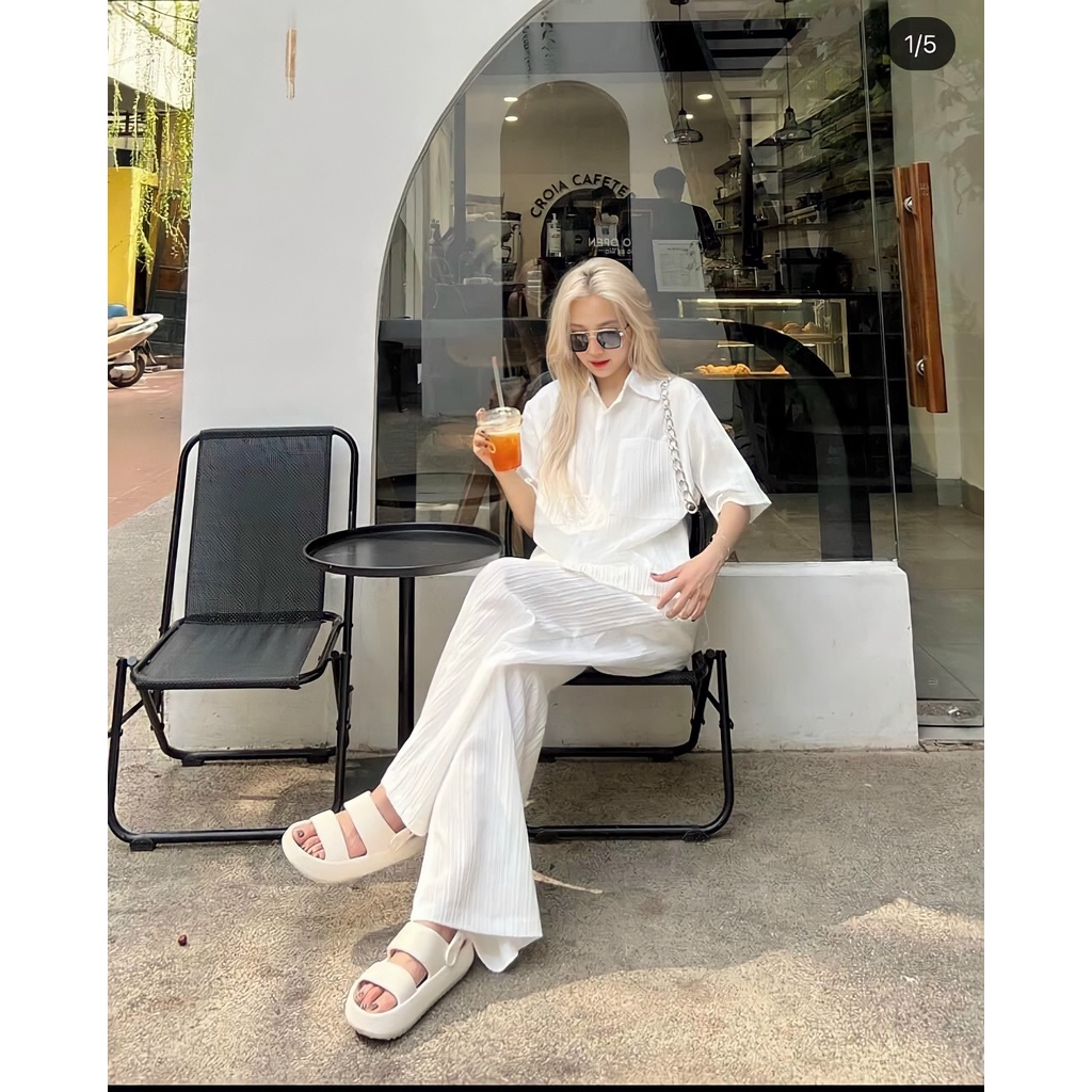 Bộ Áo Sơ Mi Quần Culottes Nữ Vải Xốp Gân 🦋 Set Áo Somi Cộc Tay Kèm Quần Ống Rộng 2 Màu 🦋