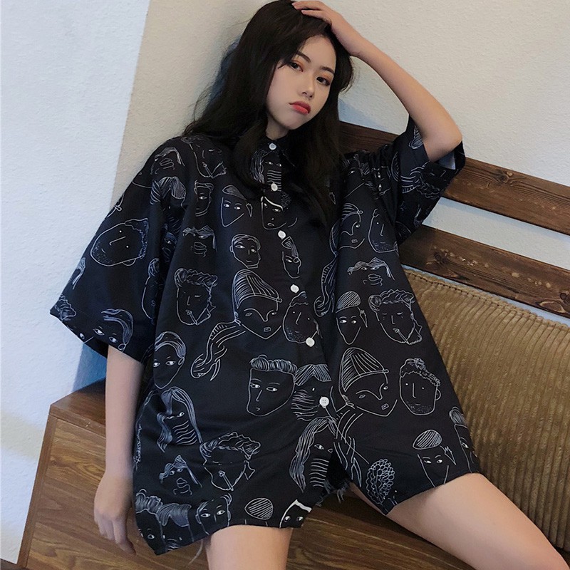Áo sơ mi tay ngắn hoạ tiết in phong cách retro