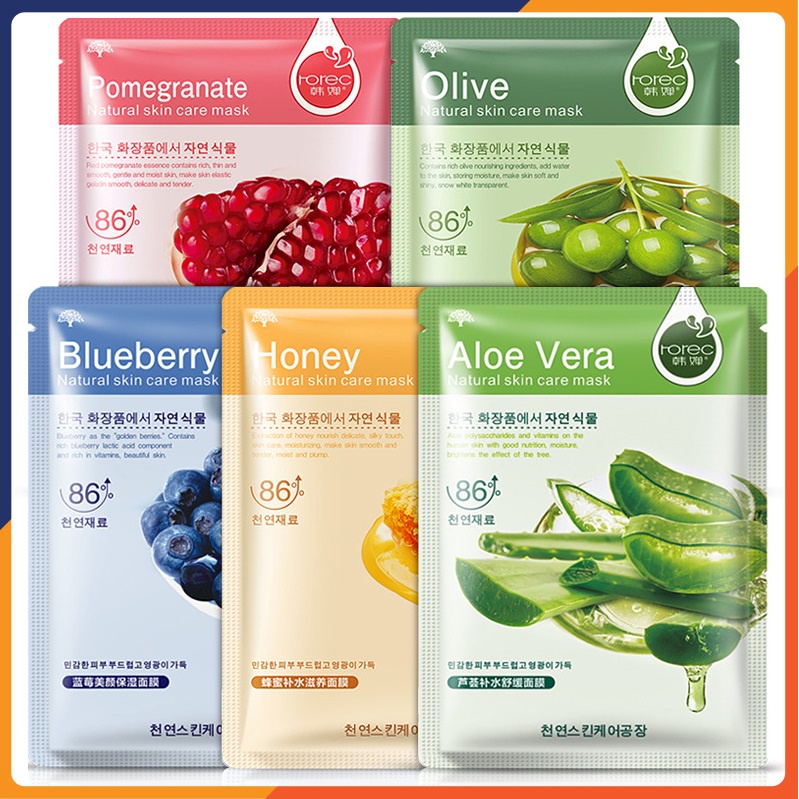 Combo 5 mặt nạ giấy dưỡng da Rorec mix việt quất, lô hội, lựu đỏ, mật ong, olive dưỡng ẩm, da sáng màu SPU088