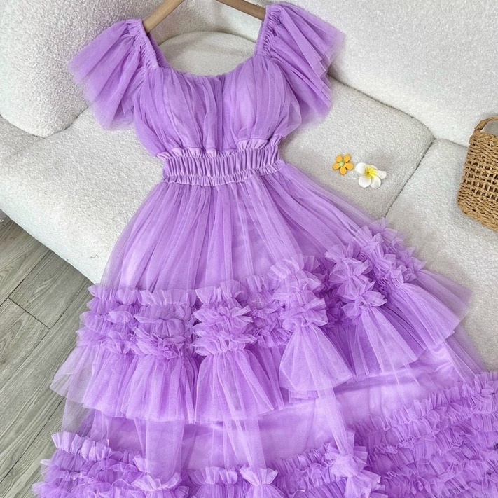 Đầm maxi đi biển lưới tầng cánh tiên dáng xòe dự tiệc HATI