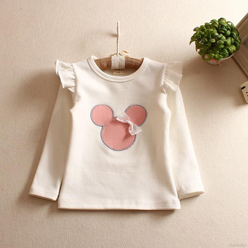 Áo thun tay dài cổ tròn đính nơ cho bé 1-7 tuổi