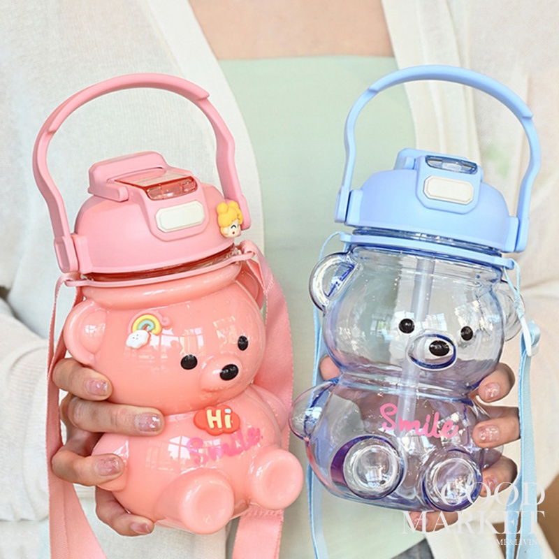 Bình Nước Nhựa Hình Gấu Dễ Thương 1000ml Kèm Ống Hút Cho Bé