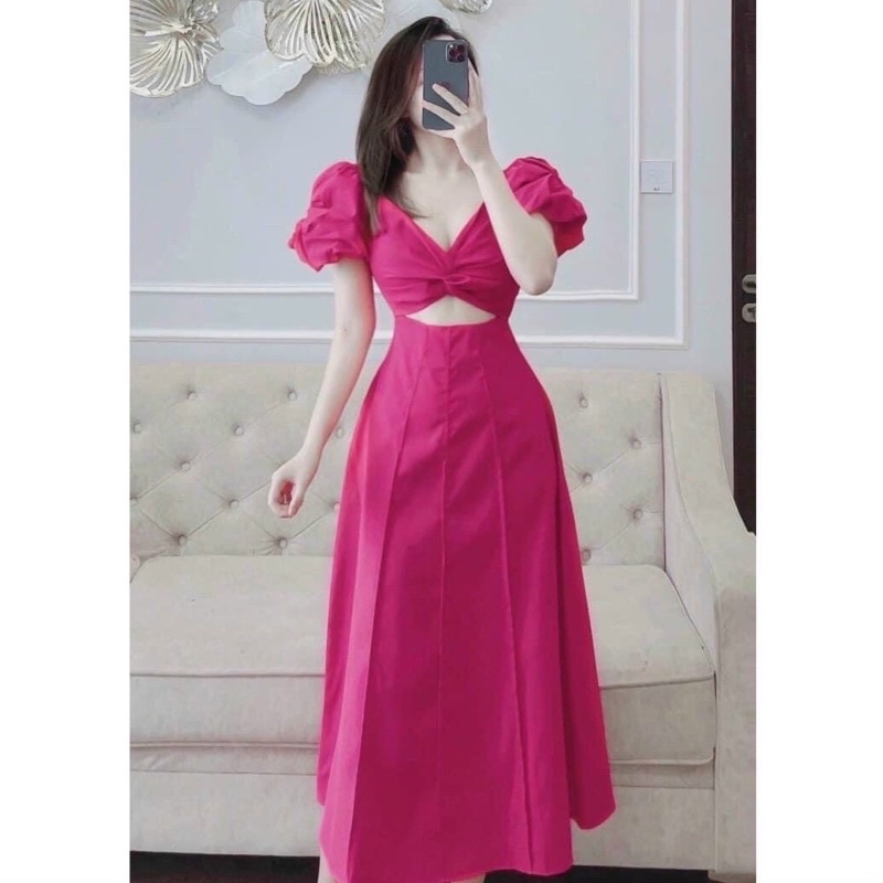 Đầm váy tay phông xoắn ngực hở eo form dài hồng neon nude trắng