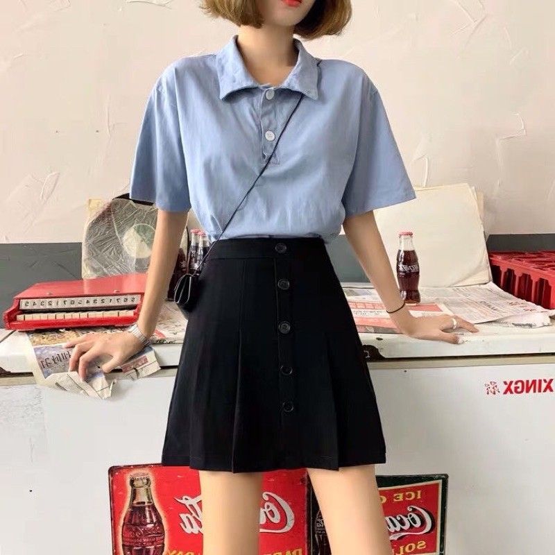 Chân Váy Chữ A Nữ 5 Khuy Lưng Cao Có Quần Bảo Hộ Đen