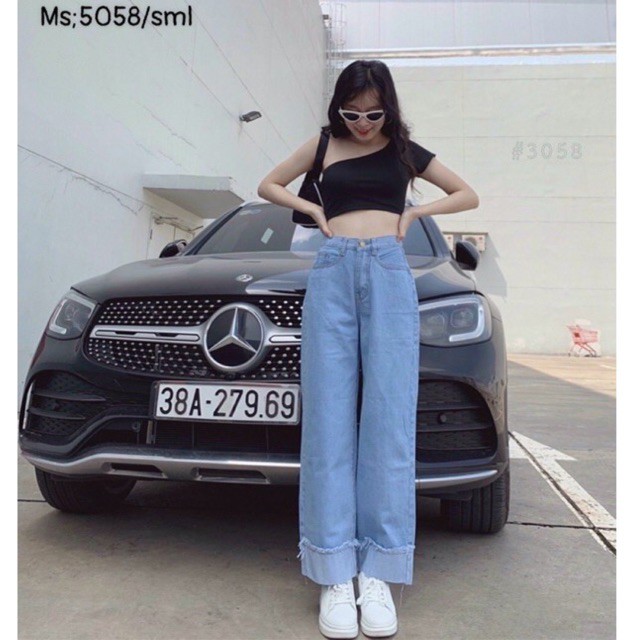 QUẦN JEAN XANH NHẠT ỐNG RỘNG GẤP GẤU