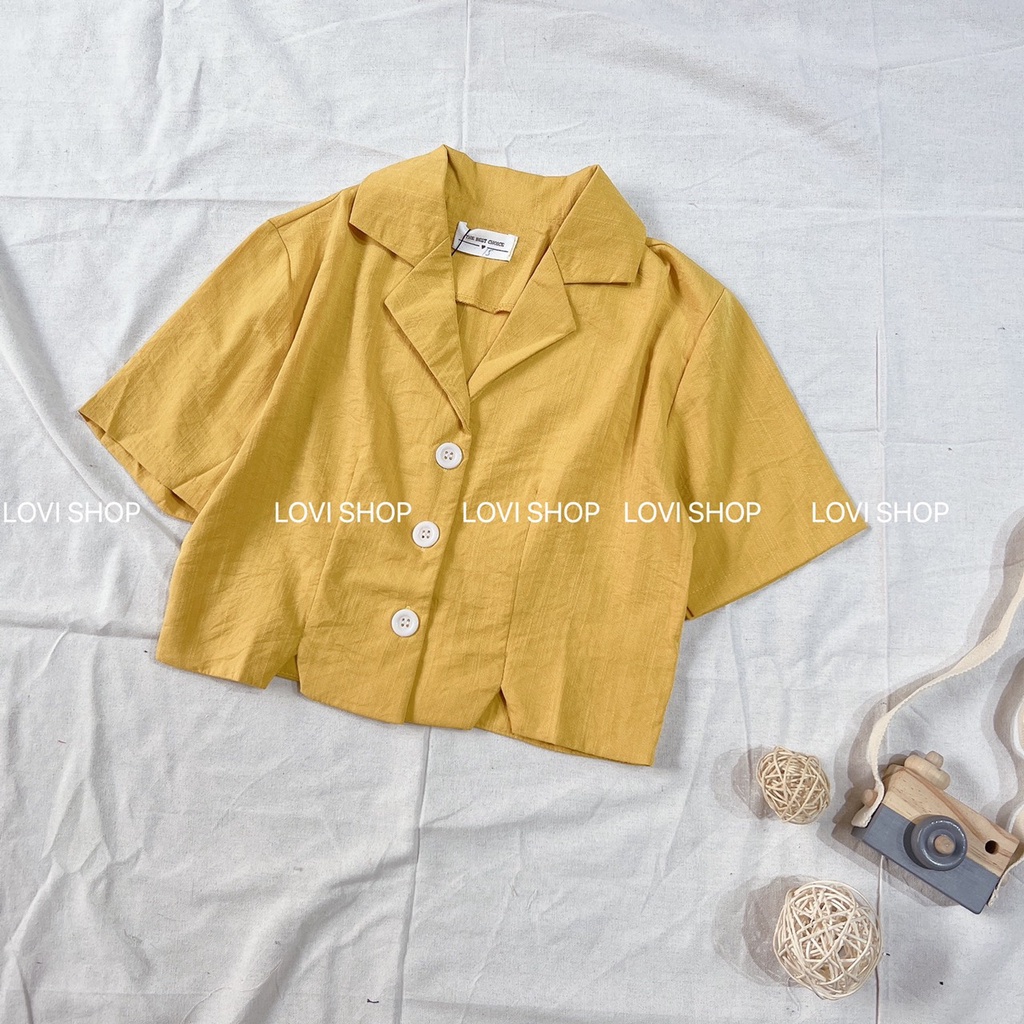 LOVI SHOP- Áo sơ mi croptop cổ vest tay ngắn basic nhiều mà nhà Lovi