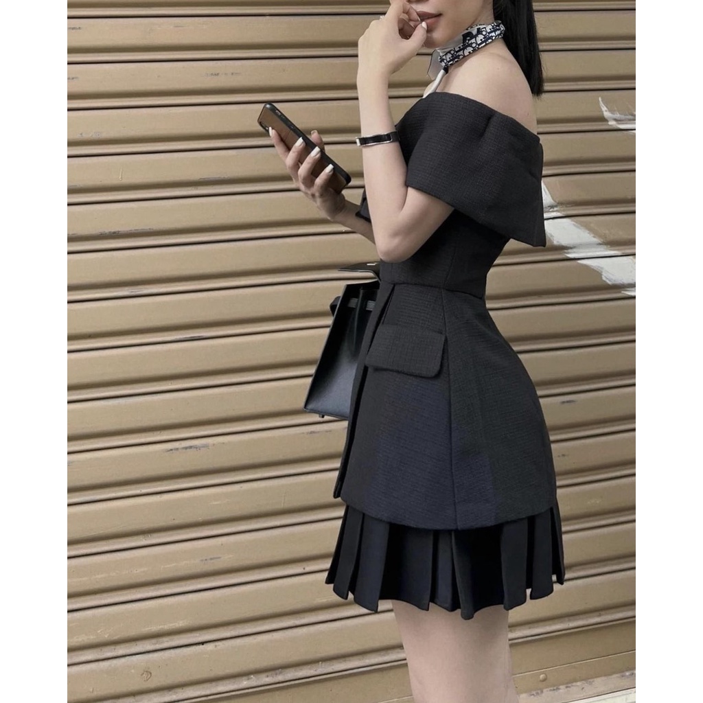 SET ÁO PEPLUM BẸT VAI + CHÂN VÁY XẾP LY ĐEN MS103
