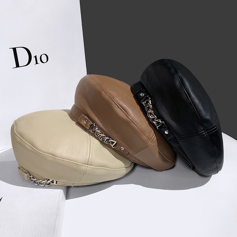 Mũ Beret da phối dây xích phong cách Retro anh quốc