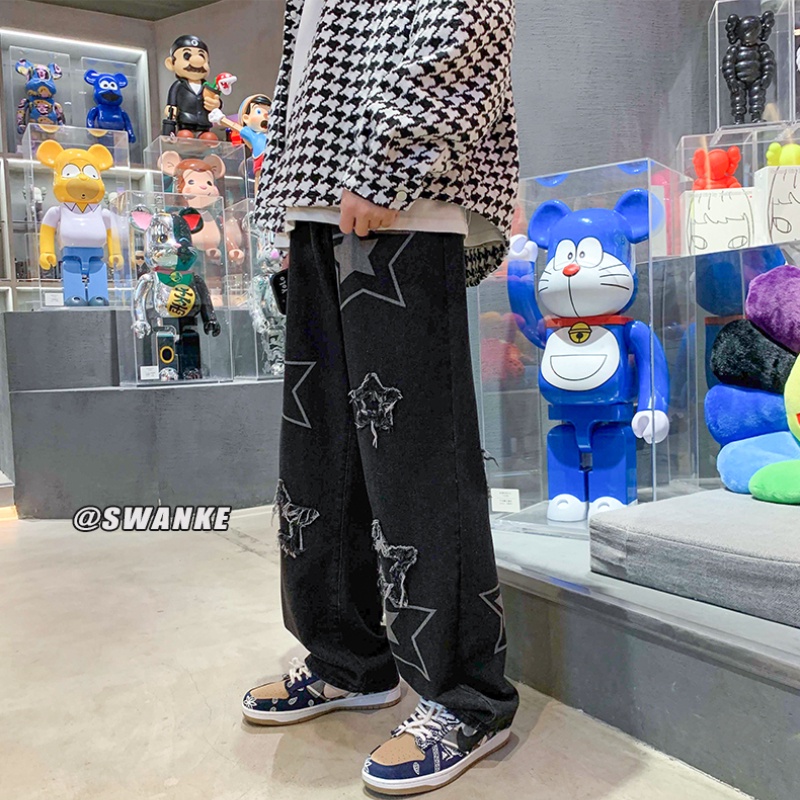 Quần Jeans Dài Ống Rộng Họa Tiết Ngôi Sao Thời Trang Cho Nam Size S-3XL