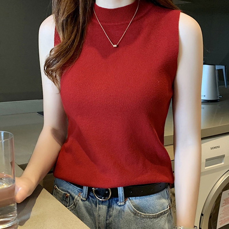 Brroa Áo Tank Top Dệt Kim Cổ Lọ Không Tay Màu Trơn Ôm Dáng Cho Nữ