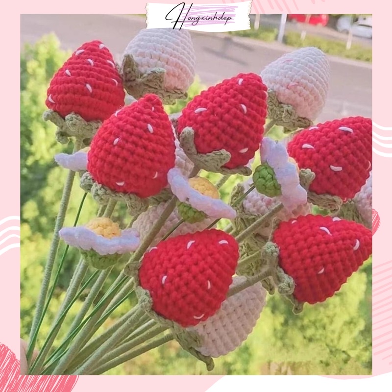 Hoa dâu tây bằng len, Bó hoa dâu tây len handmade tặng người yêu bạn bè