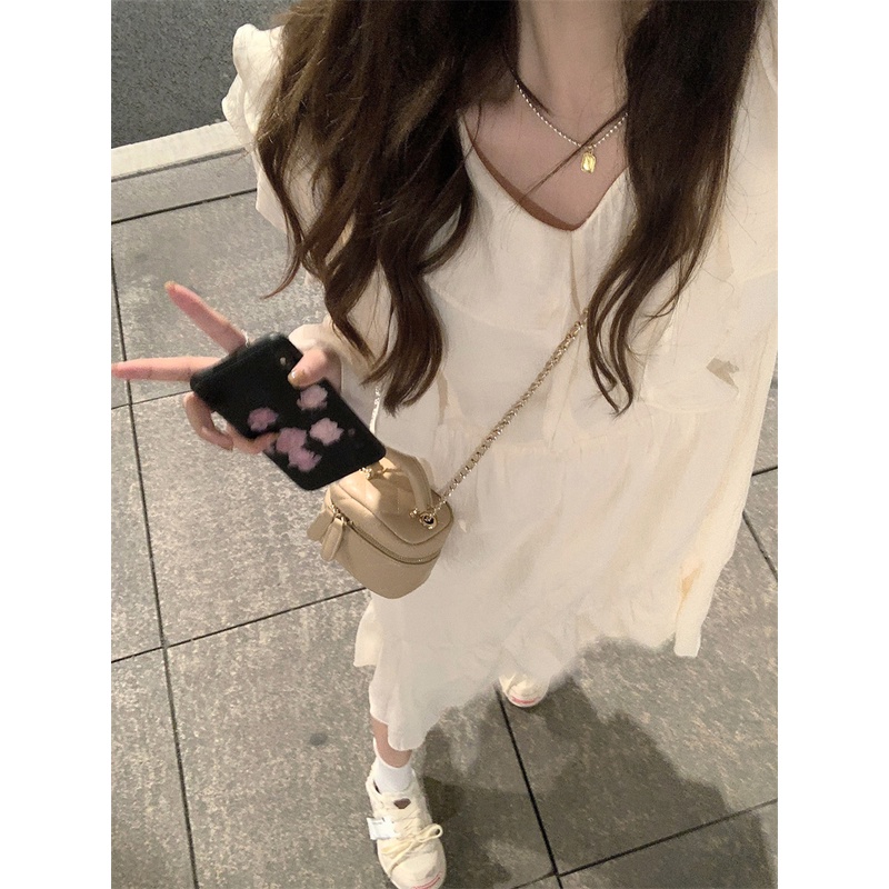 Đầm midi tay dài cổ chữ V viền bèo phong cách Pháp thời trang dành cho nữ