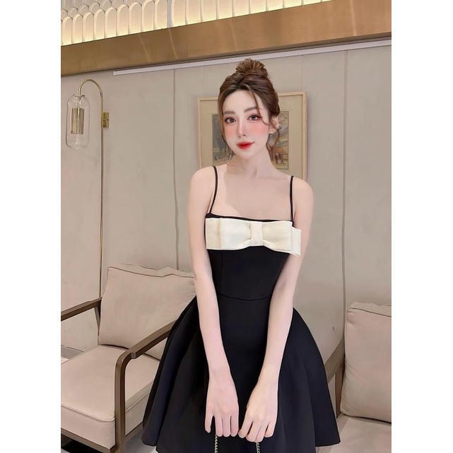 Váy 2 Dây Dáng Xòe Xếp Ly Nơ Ngực Chất Tuyết Mưa Cao Cấp