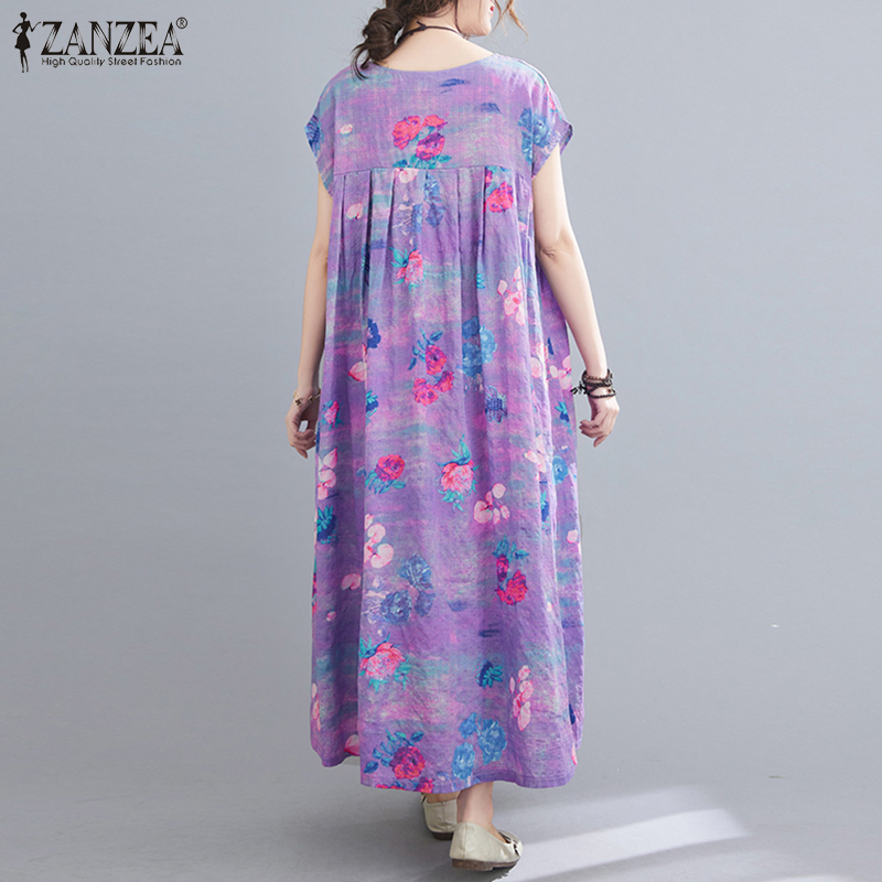 Đầm Maxi Nữ ZANZEA In Hoa Tay Ngắn Thời Trang Cổ Điển Thường Ngày