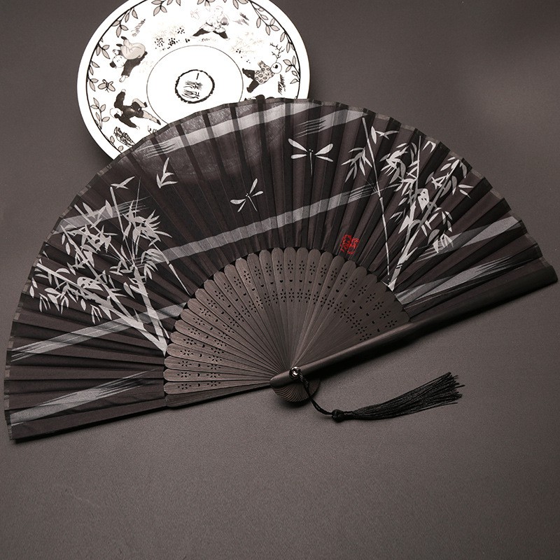 Quạt Cổ Trang xếp cầm tay quà tặng xinh xắn phong cách Trung Quốc vải lụa Trúc hai bên