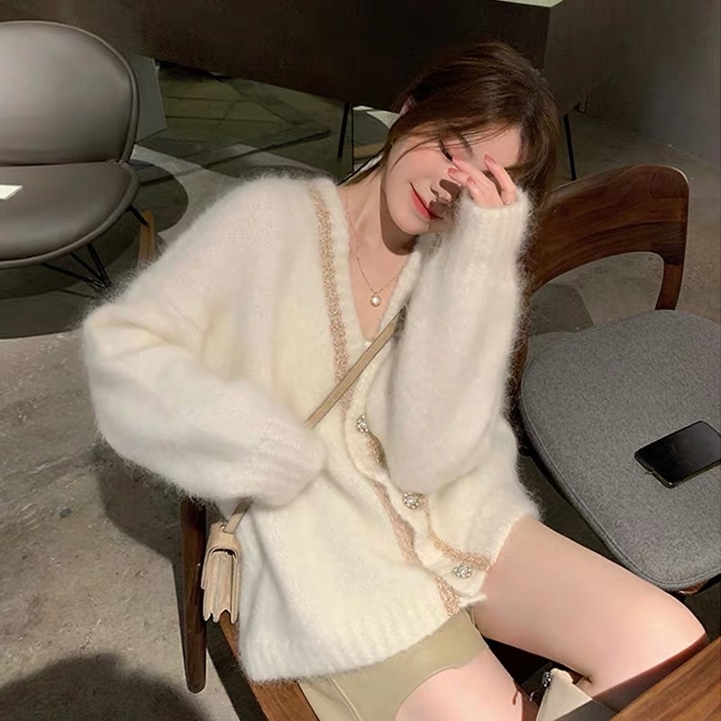 SẴN ĐEN🖤 Áo khoác len cardigan trắng lông thỏ cổ viền cúc ngọc Hàn Quốc cao cấp