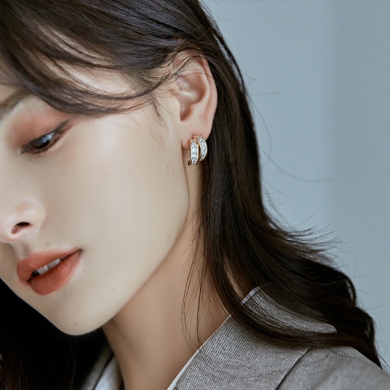 Bông Tai Hai Lớp Hình Chữ C Đính Đá zircon Thời Trang Hàn Quốc Cho Nữ