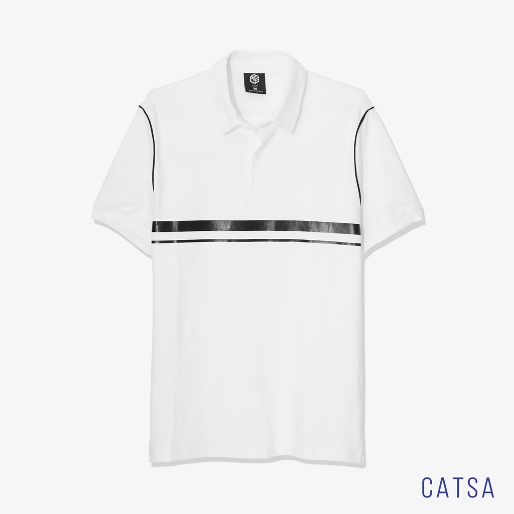 Áo polo nam trắng in phối sọc chất liệu thun cotton co giãn 4 chiều, thấm hút mồ hôi CATSA ATP241
