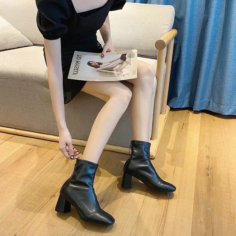 bốt nữ da mềm đế vuông thời trang,boots nữ cao cổ Luhana khoá sau ulzzang phong cách hàn quốc siêu đẹp