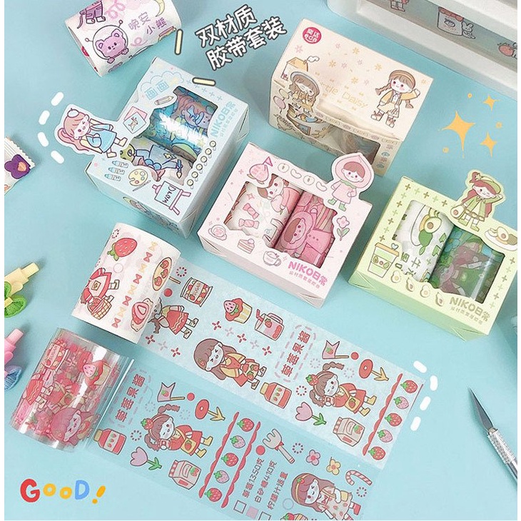Combo Washi Tape Hộp 2 Cuộn To Dài 5m 🌸ẢNH THẬT🌸 Washi Họa Tiết Đáng Yêu Trang Trí DIY