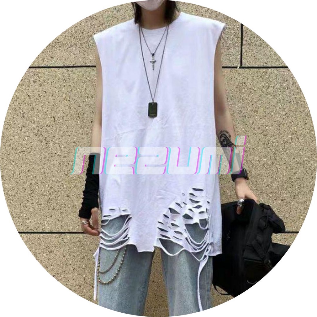 (Sẵn đen, trắng) Áo tank top 95% cotton rách gấu tạo layer đen trắng - Áo ba lỗ bóng rổ unisex nam nữ