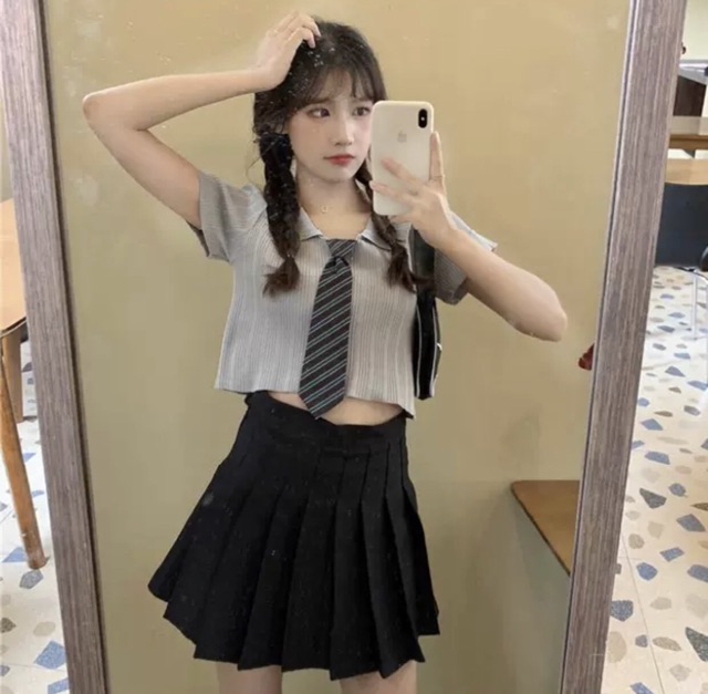 Áo Croptop Thun Gân Kiểu Kèm Cà Vạt Quảng Châu Ulzzang Hàn Quốc Cực Cinh Giá Rẻ