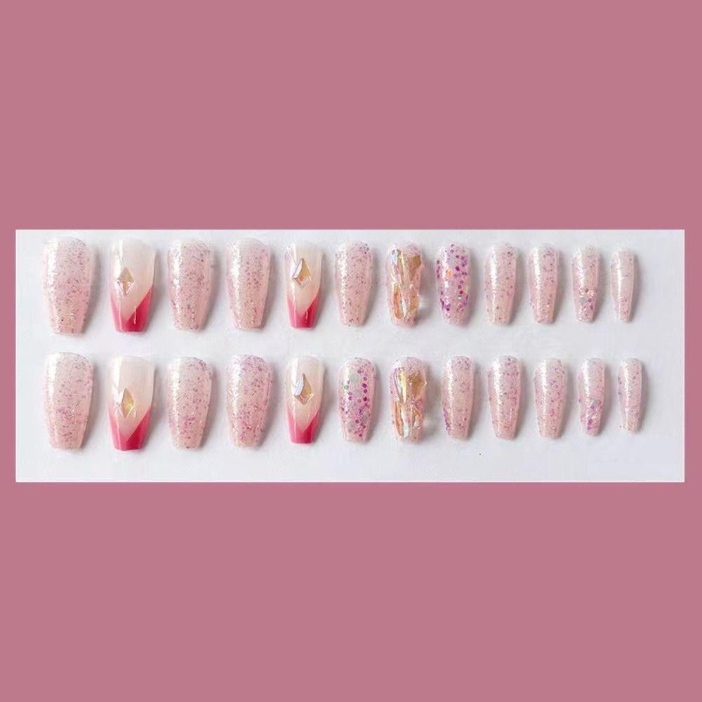 MIHAN1 Bộ 24 Móng Tay Giả Đính Đá Hồng Xinh Xắn