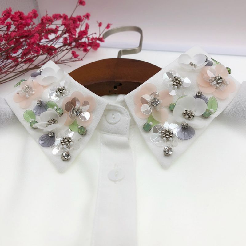 Cổ áo sơ mi nữ đính hạt cườm thủ công hình hoa có thể tháo rời