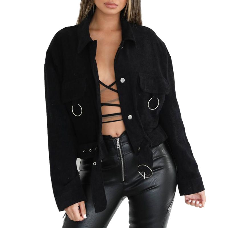 Áo Khoác Nhung Mỏng Dáng Ngắn Phối Túi Thời Trang Xuân Thu 2019 Cho Nữ