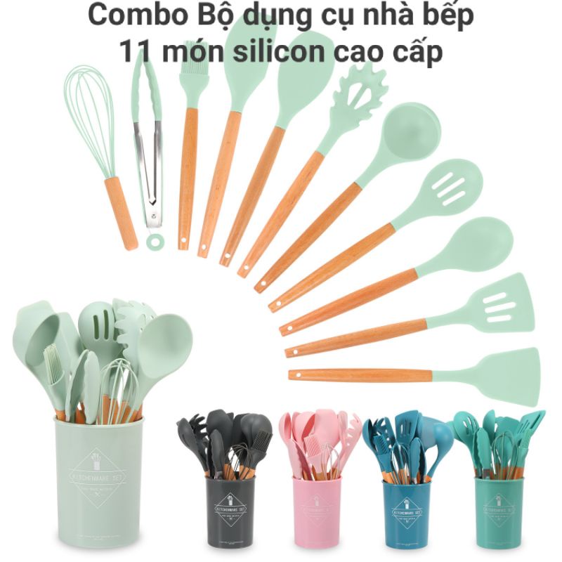 Combo Bộ dụng cụ nhà bếp, làm bánh, nấu ăn bằng silicon 11 món chịu nhiệt độ cao, chống dính có kèm hộp đựng