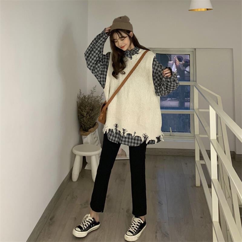 Set Áo Sơ Mi Kẻ Caro + Gile Len Caro M3 Thời Trang Hàn Quốc 2021