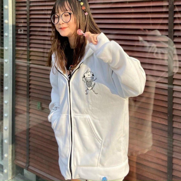 Áo Hoodie ZIP kéo Nỉ Bông KHÚC XƯƠNG Varsity Form Rộng Unisex Nam Nữ Ulzzang