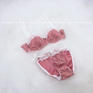 Set đồ lót áo cup ngang hoa nhí hồng đỗ phối ren