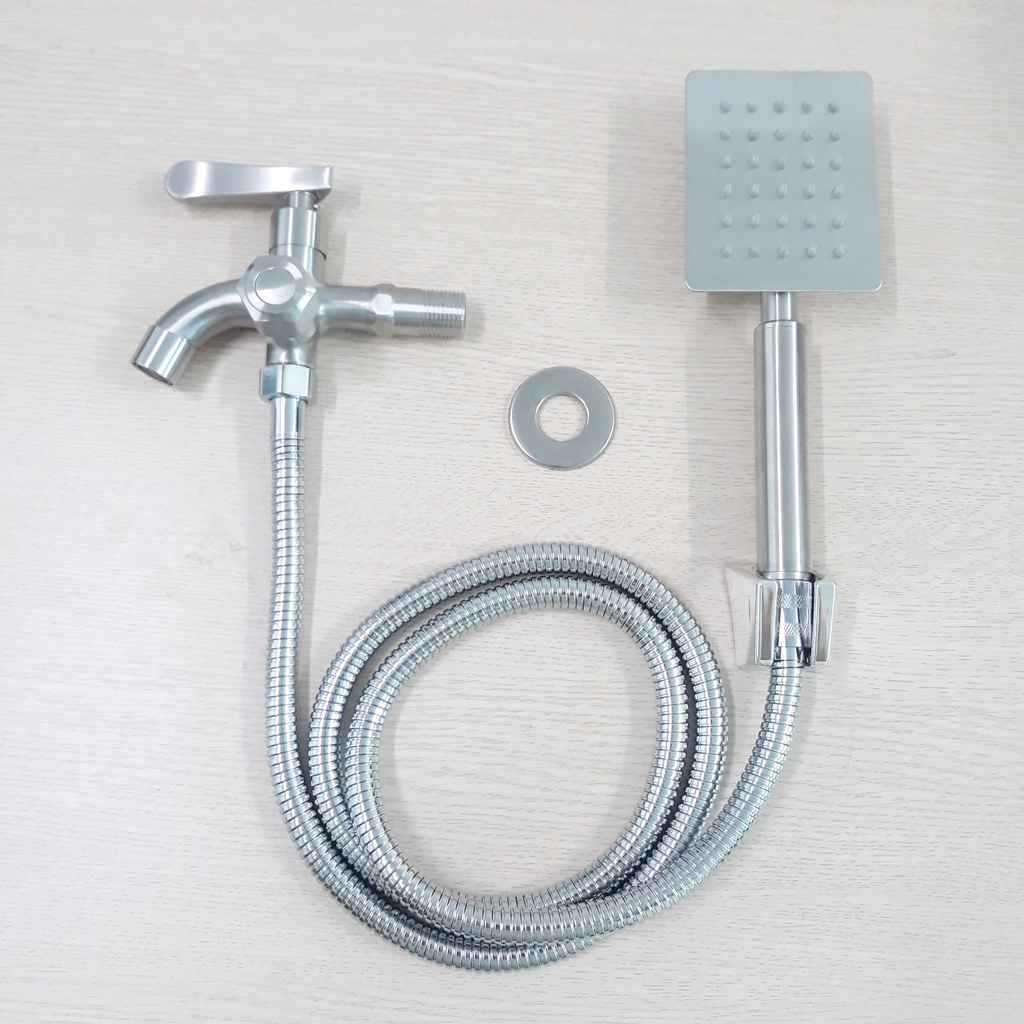 Bộ củ sen 1 đường nước lạnh Inox 304 Kèm Tay sen Inox Vuông Dẹt chống oxi hóa, tiết kiệm nước- Đủ bộ: Củ sen+tay+dây+cài