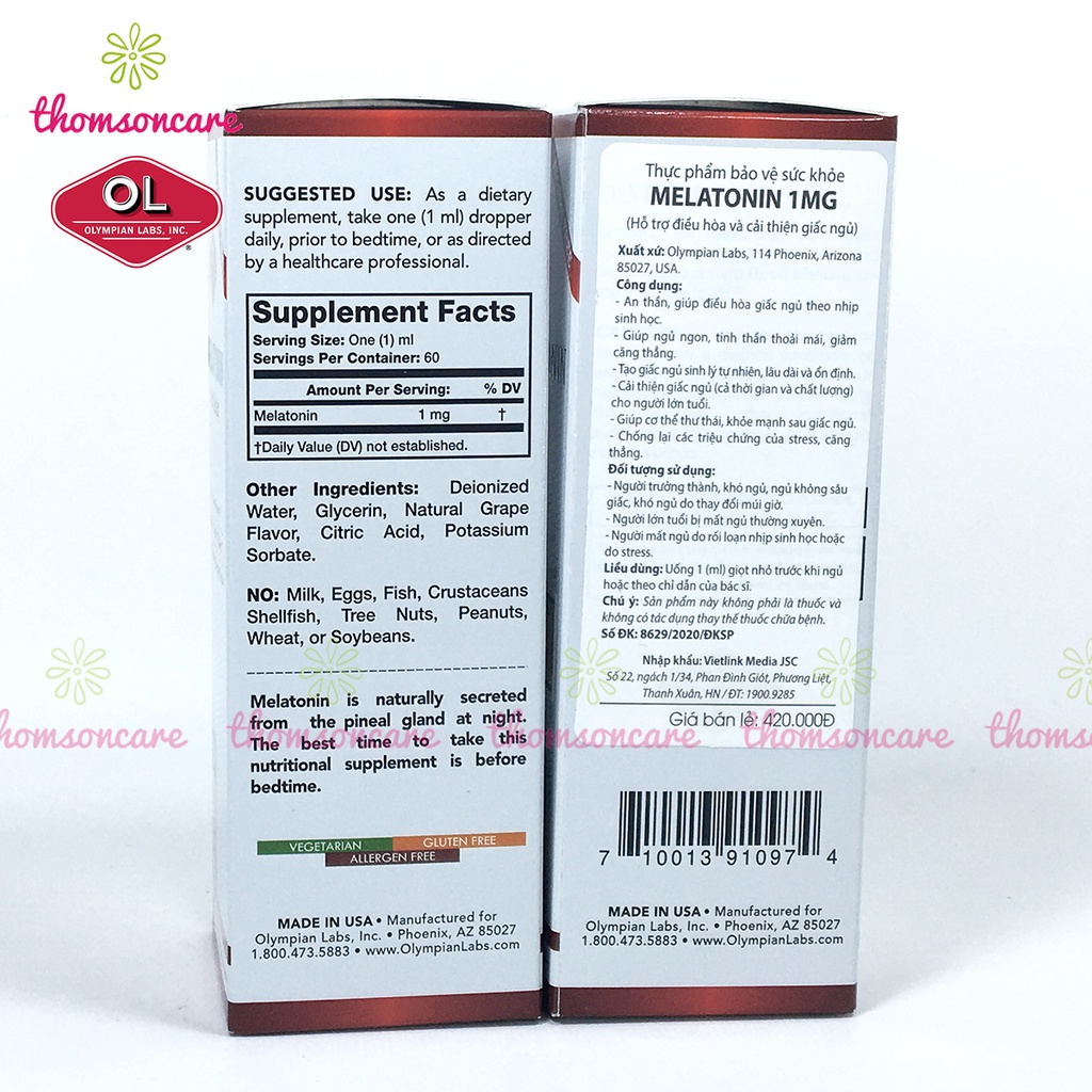 Melatonin 1mg giảm mất ngủ, giúp ngủ ngon tự nhiên, hết stress, căng thẳng nhập khẩu từ Mỹ Olympian Labs Lọ  60ml
