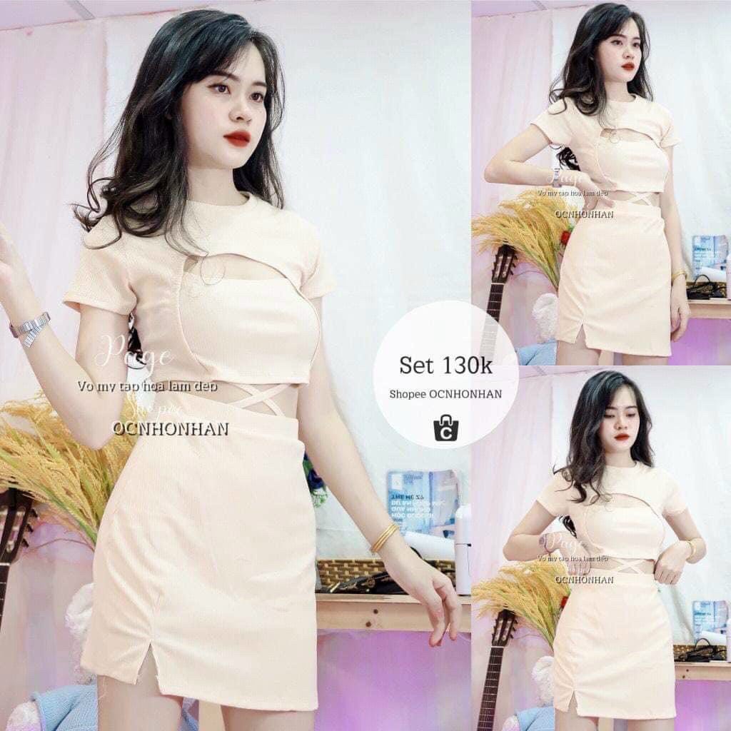 Sét bộ áo croptop hở lửng quấn dây eo phối chân váy ngắn body cực xinh , chất thun bozip mềm mịn