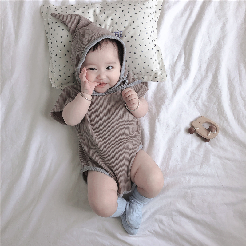 Bộ áo liền quần ngắn tay + mũ cotton cho bé gái sơ sinh