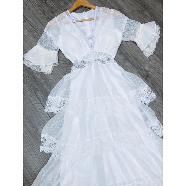 Đầm maxi ren trắng nhiều tầng váy đi biển chụp hình sống ảo đầm công chúa tiệc prom sang chảnh
